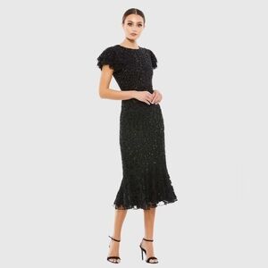MAC DUGGAL
Black Hand Beaded Flounce Sleeve Midi Dress